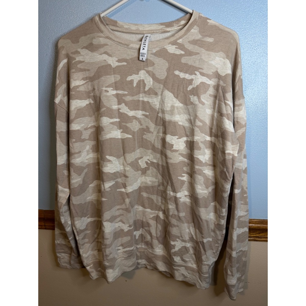 Athleta Purist Camo Sweatshirt Tan Cream Camouflage Pullover 632058-02 Womens S
